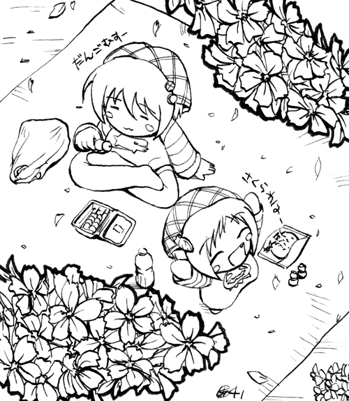choia, musu, waha, yamato suzuran, futaba channel, suigetsu, 2girls, :3, arms up, blush stickers, cherry blossoms, eating, flower, food, greyscale, hanami, happy, monochrome, multiple girls, petals, picnic