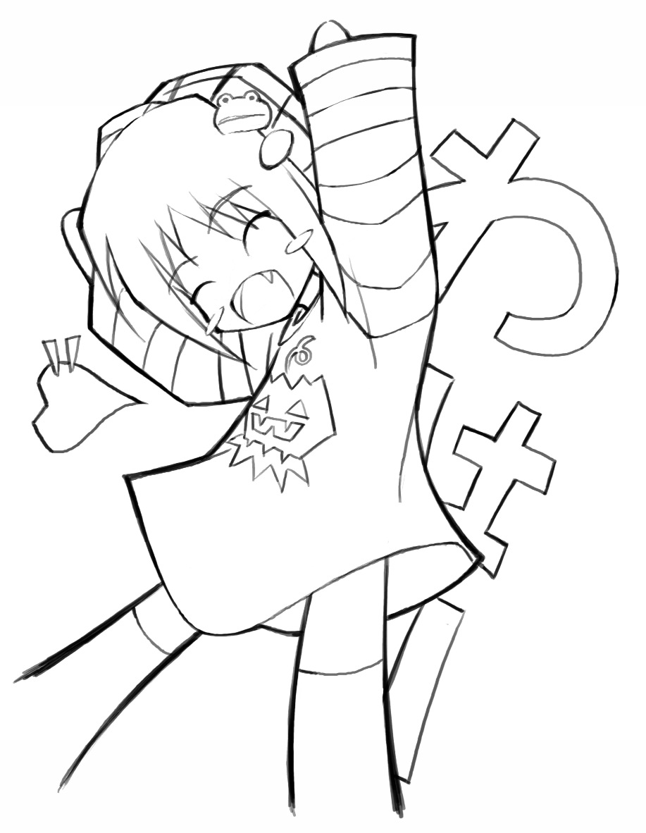 choia, musu, waha, yamato suzuran, suigetsu, 1girl, bike shorts, blush stickers, fang, female focus, greyscale, monochrome, solo, waha~ (meme)