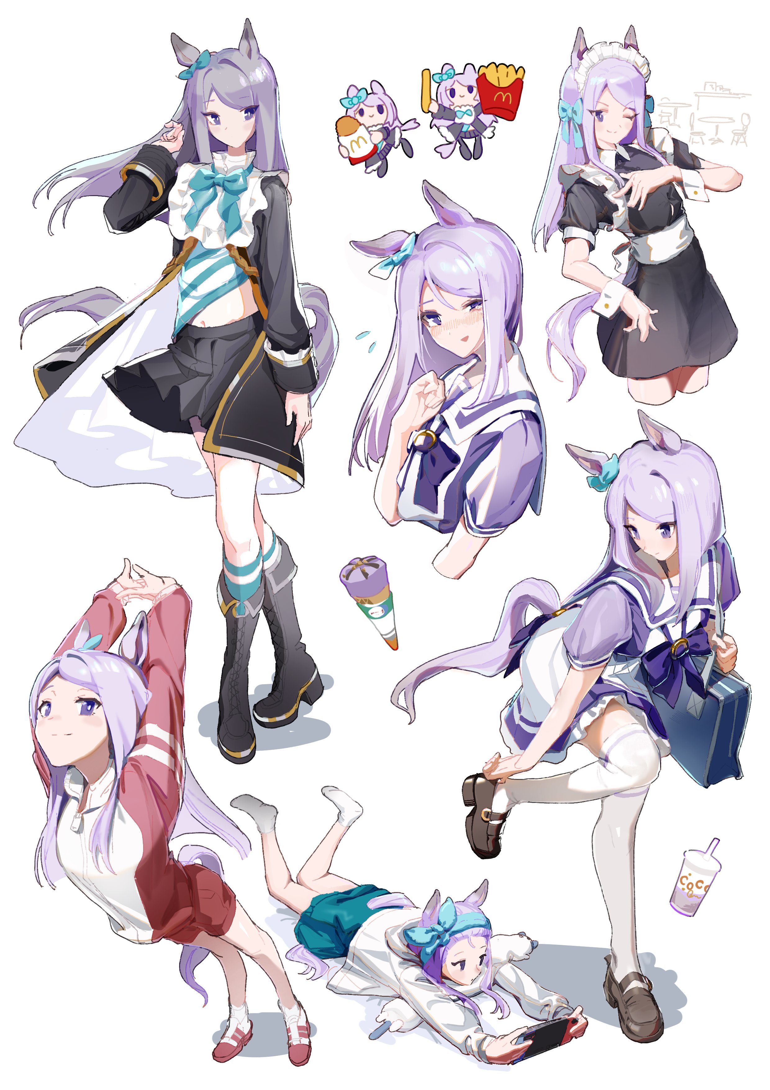 hukurou96, mejiro mcqueen (umamusume), mcdonald's, umamusume, absurdres, highres, 1girl, alternate costume, animal ears, aqua bow, black boots, black dress, black jacket, black skirt, blue bow, blue headband, blue shirt, blush, boots, bow, bow headband, chibi, closed mouth, dress, ear bow, ear ornament, ear ribbon, food, french fries, frilled jacket, frills, headband, horse ears, horse girl, horse tail, ice cream, ice cream cone, jacket, long hair, long sleeves, lying, maid, maid headdress, midriff, navel, nintendo switch, on stomach, one eye closed, open clothes, open jacket, pillow, puffy short sleeves, puffy sleeves, purple bow, purple eyes, purple hair, purple sailor collar, purple serafuku, purple shirt, purple skirt, red jacket, red shorts, red track suit, sailor collar, sailor shirt, school uniform, serafuku, shirt, shoes, short sleeves, shorts, simple background, skirt, smile, stretching, striped clothes, striped shirt, tail, thighhighs, tracen school uniform, tracen training uniform, track jacket, track suit, white background, white sailor collar, white shirt, white skirt, white thighhighs, wrist cuffs