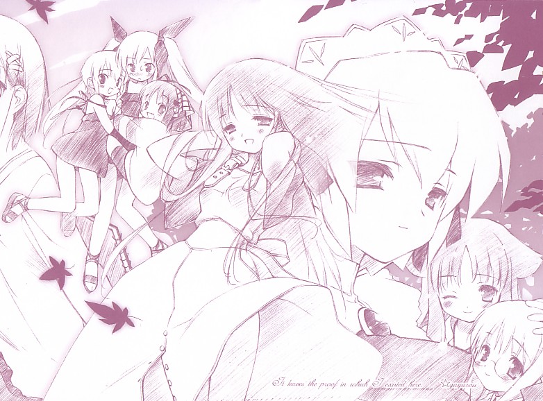 gayarou, kotonomiya yuki, kousaka alice, kousaka maria, makino nanami, miyashiro karin, shinjou izumi, yamato suzuran, suigetsu, 6+girls, ;), adjusting hair, arms up, bare legs, belt, blush, brooch, collar, dress, glasses, hair ornament, hair ribbon, hand in own hair, headpat, hug, jewelry, long hair, looking at viewer, maid headdress, monochrome, multiple girls, one eye closed, purple theme, ribbon, sandals, siblings, sisters, sketch, smile, sweatdrop, twins, twintails, very long hair, wavy mouth, x hair ornament