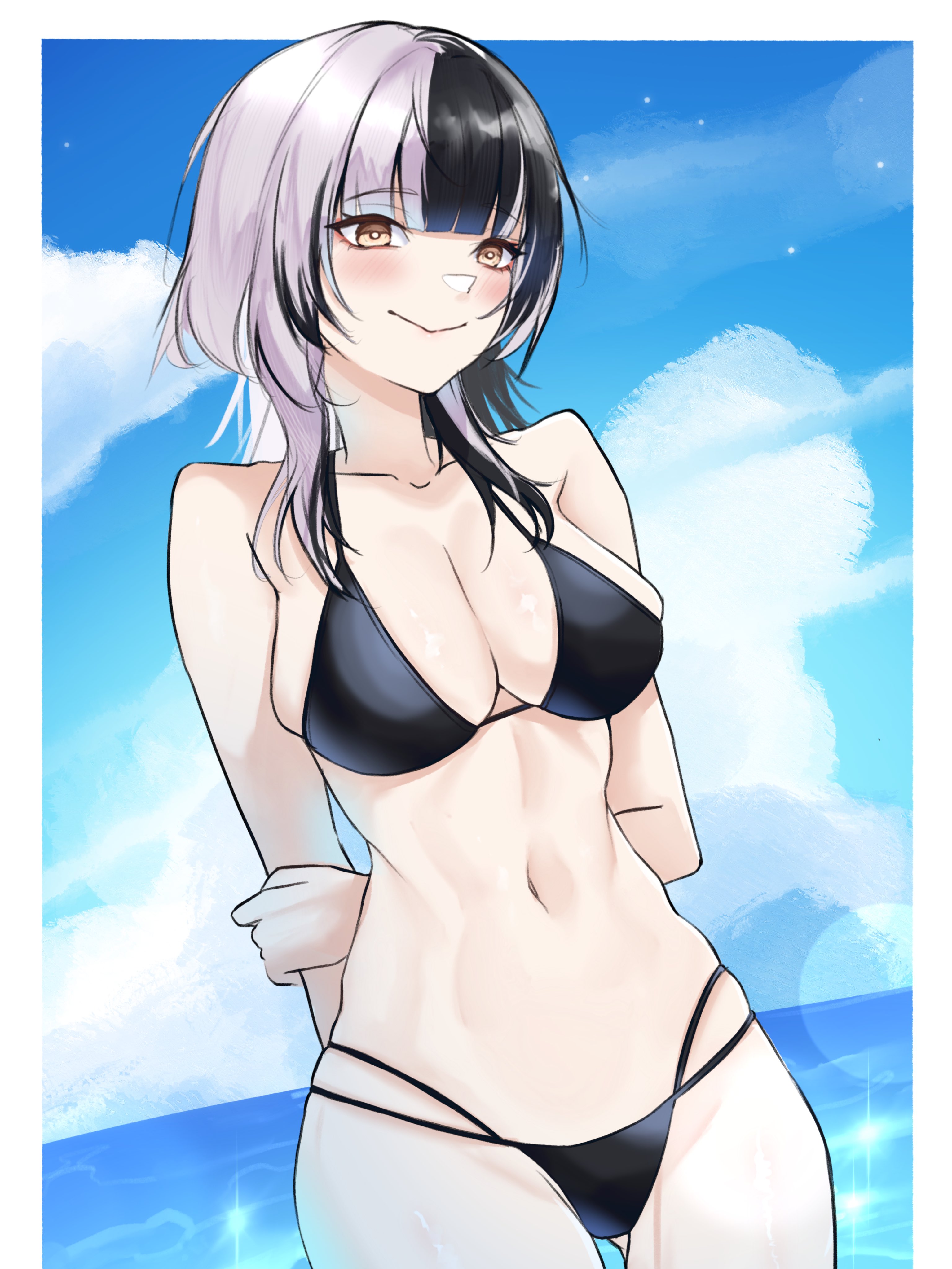 nurizza ilst, shiori novella, hololive, hololive english, absurdres, highres, 1girl, arms behind back, black hair, blue sky, breasts, closed mouth, cloud, cloudy sky, day, grey hair, large breasts, looking at viewer, multicolored hair, navel, ocean, outdoors, sky, smile, solo, split-color hair, two-tone hair, virtual youtuber, yellow eyes