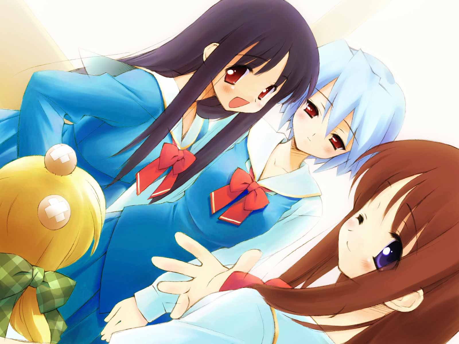 kotonomiya yuki, makino nanami, miyashiro karin, suigetsu, highres, 3girls, :d, ;), bandaid, blonde hair, blue hair, blush, bow, bowtie, brown hair, collarbone, dutch angle, green bow, hair bow, injury, looking at viewer, multiple girls, one eye closed, open mouth, purple eyes, purple hair, red eyes, sailor collar, school uniform, serafuku, short hair, sidelocks, smile