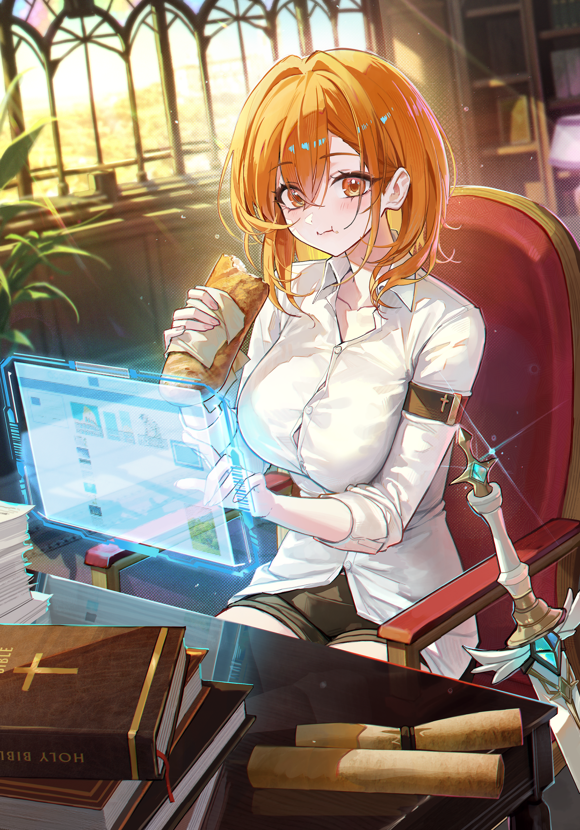 meoyo, original, absurdres, commentary request, highres, korean commentary, mixed-language commentary, 1girl, armband, bible (object), black shorts, blush, book, book stack, bookmark, bookshelf, bread, breasts, brown shorts, button gap, buttons, chair, collarbone, collared shirt, cross, cross print, dress shirt, dutch angle, eating, food, glint, hair between eyes, hair intakes, hand up, holding, holding food, holographic interface, holographic monitor, holographic touchscreen, indoors, lamp, large breasts, light particles, light rays, long hair, long sleeves, looking ahead, on chair, orange eyes, orange hair, paper stack, plant, scroll, shelf, shirt, shorts, sidelocks, sitting, solo, stained glass, sword, table, thighs, weapon, window