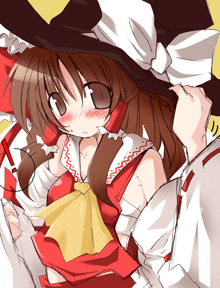 hakurei reimu, imperishable night, touhou, !, 1girl, ascot, black hat, blush, bow, brown eyes, brown hair, detached sleeves, female focus, hair bow, hair tubes, hat, japanese clothes, long hair, miko, solo, witch hat