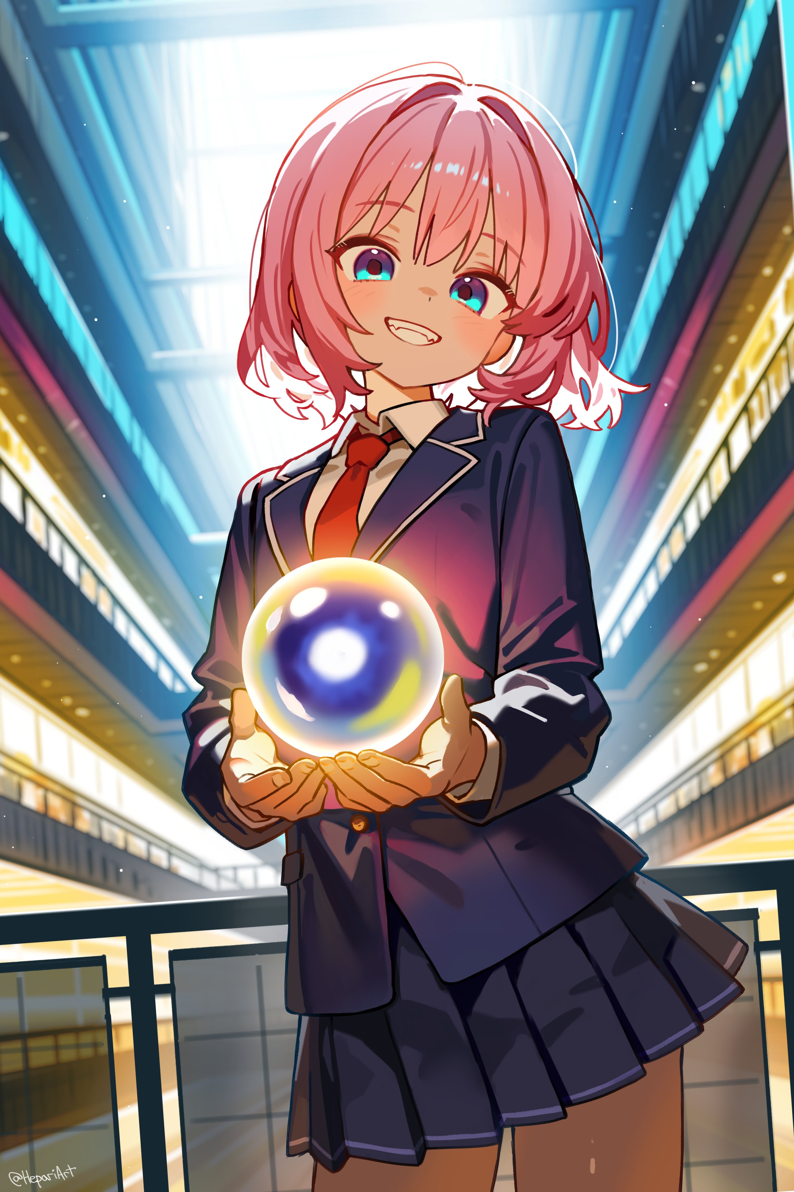 hepari, original, absurdres, ai-assisted, highres, 1girl, black skirt, blue eyes, collared shirt, grin, indoors, long sleeves, necktie, open mouth, pink hair, pleated skirt, red necktie, shirt, short hair, skirt, smile, solo, teeth, white shirt