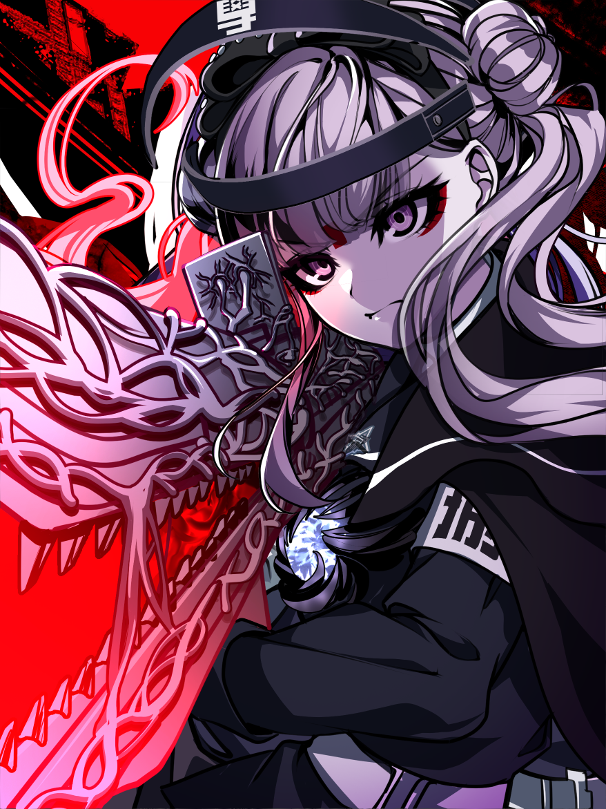 nota sayaka, tsukumo kako, the hundred line -last defense academy-, 1girl, armband, black hairband, bow, double bun, eyeliner, facial mark, gun, hair bun, hairband, holding, holding gun, holding weapon, last defense academy school uniform, long hair, looking at viewer, makeup, pink eyes, pink hair, red eyeliner, rifle, school uniform, solo, twintails, weapon, white armband