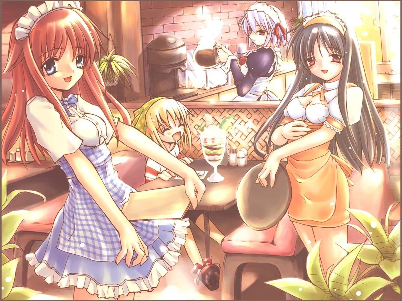 kotonomiya yuki, makino nanami, miyashiro karin, yamato suzuran, suigetsu, striped, 4girls, ^ ^, apron, bandana, bike shorts, black hair, blonde hair, blouse, blue eyes, blue hair, booth seating, breasts, carrot, cleavage, closed eyes, coffee maker, dessert, dress, flower, food, ice cream, kitchen, kobeya uniform, lily of the valley, long hair, maid, maid apron, medium breasts, multiple girls, parfait, pink eyes, plaid apron, plaid clothes, plant, red eyes, red hair, shirt, shirt tucked in, shoes, short hair, sitting, sneakers, table, tray, very long hair, waitress, white shirt, wrist cuffs