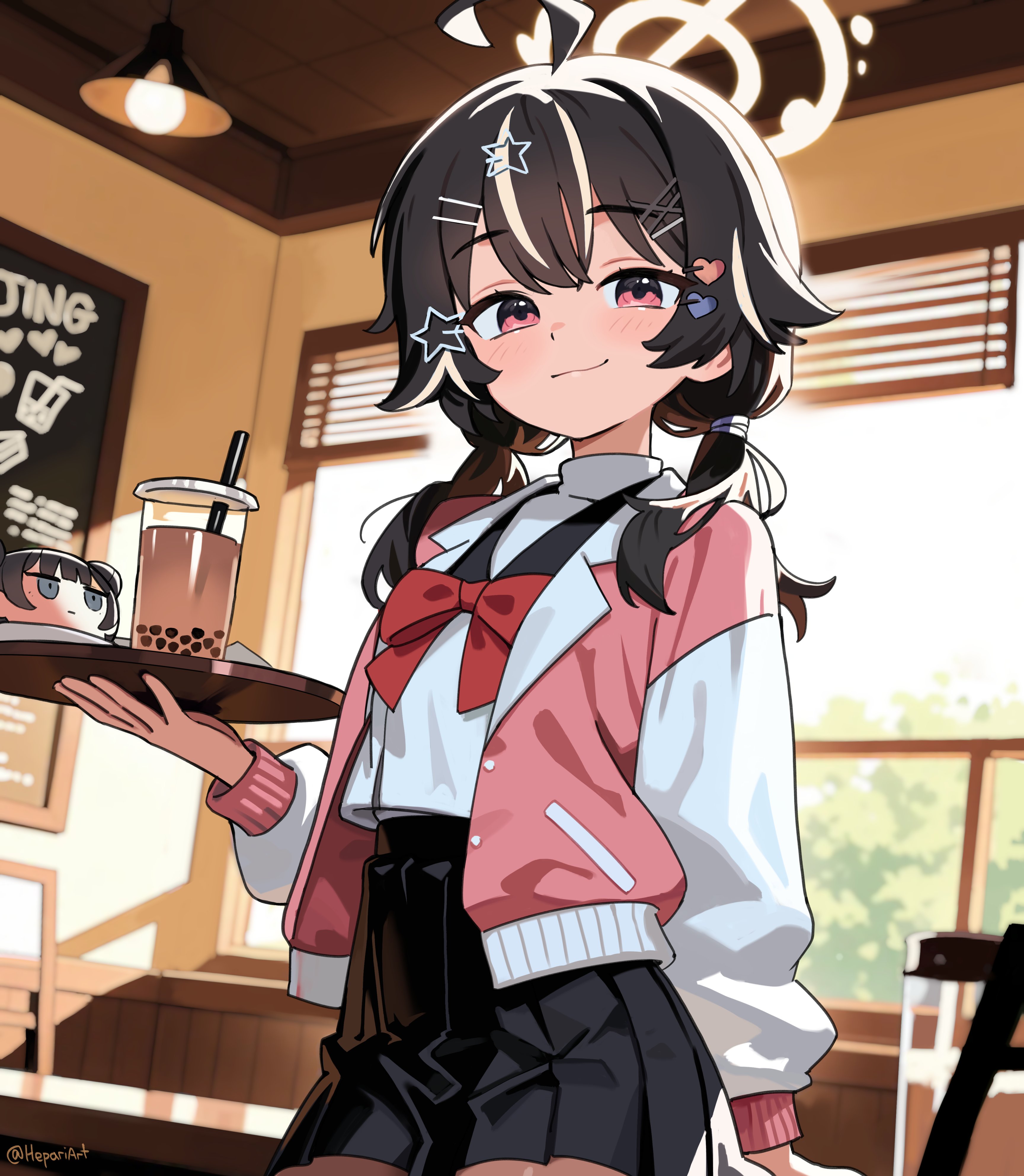 hepari, kisaki (blue archive), blue archive, absurdres, ai-assisted, highres, 1boy, 1girl, alternate costume, alternate hairstyle, black hair, black skirt, blush, bow, bowtie, bubble tea, cup, drinking straw, hair ornament, hairclip, halo, holding, holding tray, indoors, long hair, long sleeves, looking at viewer, low twintails, medium hair, pink eyes, pleated skirt, red bow, red bowtie, short twintails, skirt, smile, solo, souvenir doll (blue archive), star (symbol), star hair ornament, tray, twintails, twitter username, window blinds, yellow halo