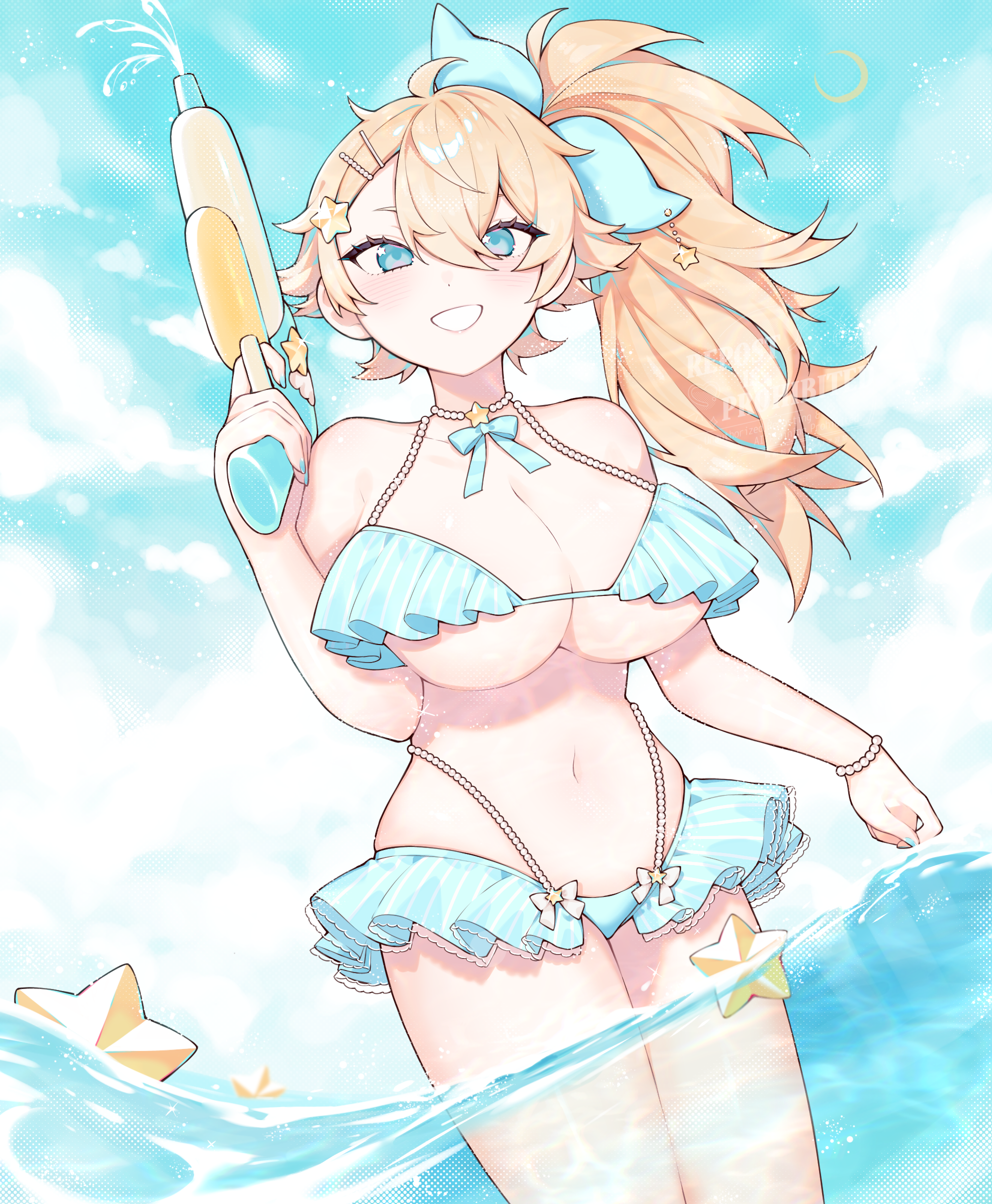 mr (1937mrtary), lilya (reverse:1999), reverse:1999, absurdres, highres, 1girl, alternate costume, bikini, blonde hair, blue bikini, blue bow, blue eyes, blue sky, bow, bow choker, breasts, choker, cleavage, cloud, cowboy shot, day, frilled bikini, frills, grin, hair bow, hair ornament, hand up, holding, holding water gun, large breasts, long hair, looking at viewer, navel, outdoors, partially underwater shot, side ponytail, sky, smile, solo, star (symbol), star hair ornament, swimsuit, underboob, wading, water gun
