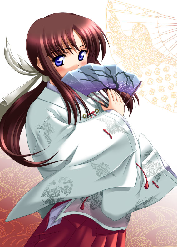 kishi nisen, miyashiro karin, suigetsu, 1girl, blue eyes, blush, covering face, covering own mouth, covering privates, female focus, folding fan, hakama, hakama skirt, hand fan, japanese clothes, long hair, miko, ponytail, red hair, red hakama, skirt, solo