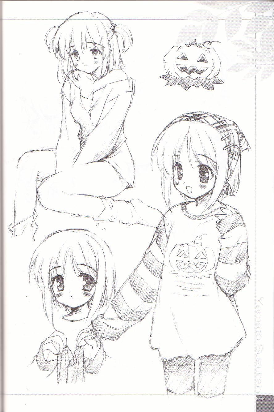 yamato suzuran, suigetsu, highres, 1girl, :d, :o, ankle boots, between legs, blush, boots, cowboy shot, female focus, flower, flying sweatdrops, greyscale, hair ribbon, hand between legs, headscarf, lily of the valley, monochrome, open mouth, pumpkin, ribbon, short hair, shorts, smile, solo, standing, striped sleeves, two side up