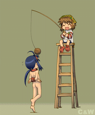 choia, waha, yamato suzuran, futaba channel, suigetsu, animated, animated gif, lowres, translated, 2girls, ^ ^, ahoge, angry, animal collar, arms behind back, blue hair, blush, blush stickers, box tie, brown hair, closed eyes, clothed female nude female, collar, gradient background, hairband, happy, high kick, jumping, kicking, ladder, long hair, motion blur, multiple girls, nude, ponytail, short hair, sidelocks, simple background, smile, speech bubble, spread legs, surprised, sweater