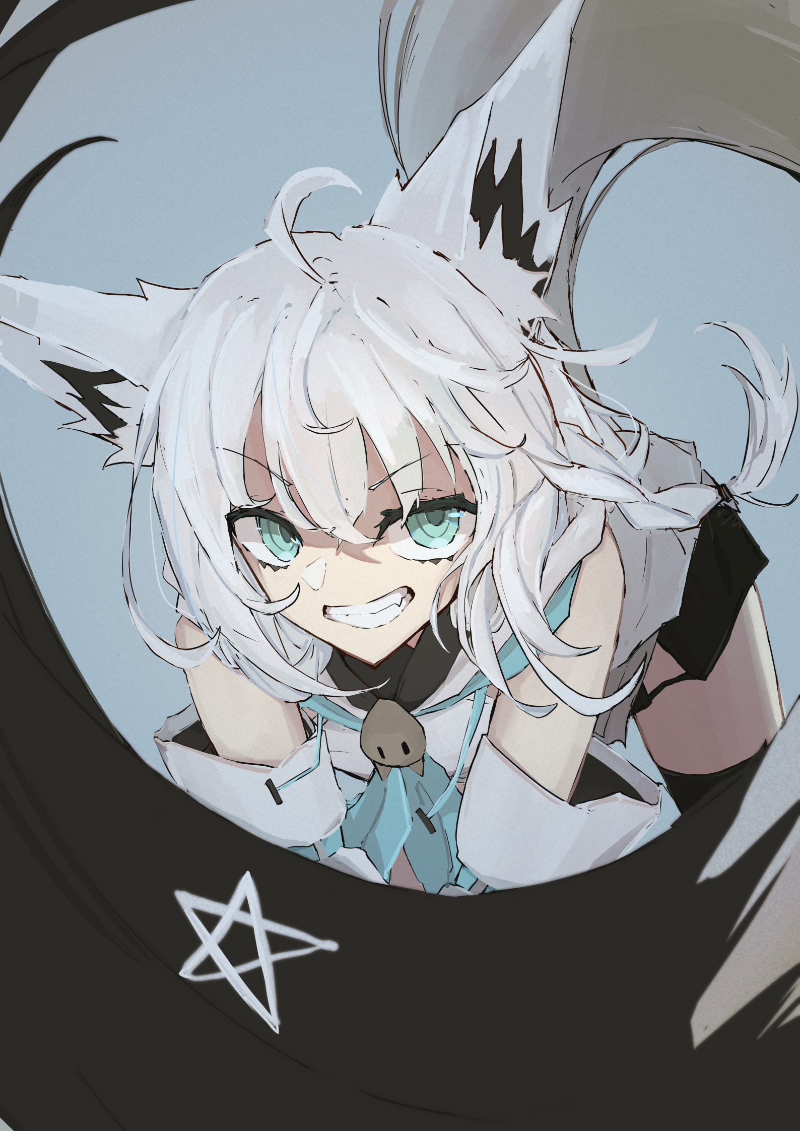 shirakami fubuki, shirakami fubuki (1st costume), hololive, commentary, highres, 1girl, ahoge, all fours, animal ear fluff, animal ears, aqua eyes, black shorts, blue neckerchief, braid, brooch, detached sleeves, fox ears, fox girl, fox tail, grin, hair between eyes, jewelry, looking at viewer, neckerchief, sabamiso113, shirt, shorts, simple background, smile, tail, tail whip, teeth, v arms, virtual youtuber, white hair, white shirt