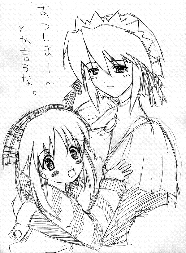 kotonomiya yuki, yamato suzuran, suigetsu, headwear request, 2girls, :d, blush, brooch, dress, fang, greyscale, height difference, hug, jewelry, long sleeves, monochrome, multiple girls, open mouth, puffy long sleeves, puffy sleeves, sidelocks, sketch, smile, upper body