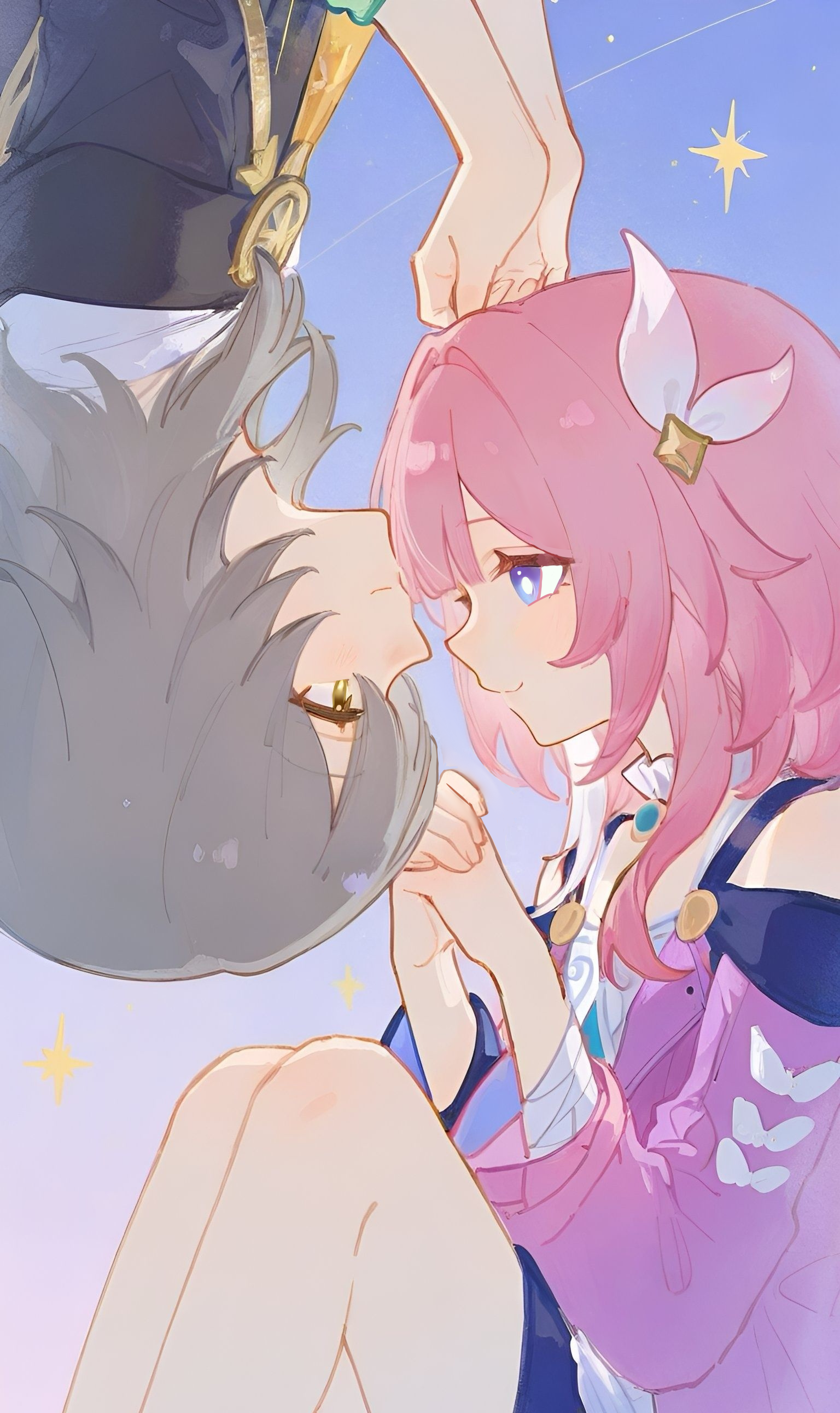 cyrene (honkai: star rail), stelle (honkai: star rail), trailblazer (honkai: star rail), honkai: star rail, honkai (series), absurdres, chinese commentary, commentary request, highres, 2girls, black jacket, blue eyes, coat, dress, grey hair, hair ornament, jacket, jiangsudiyijueqingcorpse, knees up, looking at another, medium hair, multicolored hair, multiple girls, pink hair, purple coat, sitting, two-tone hair, upside-down, white dress, white hair, yellow eyes