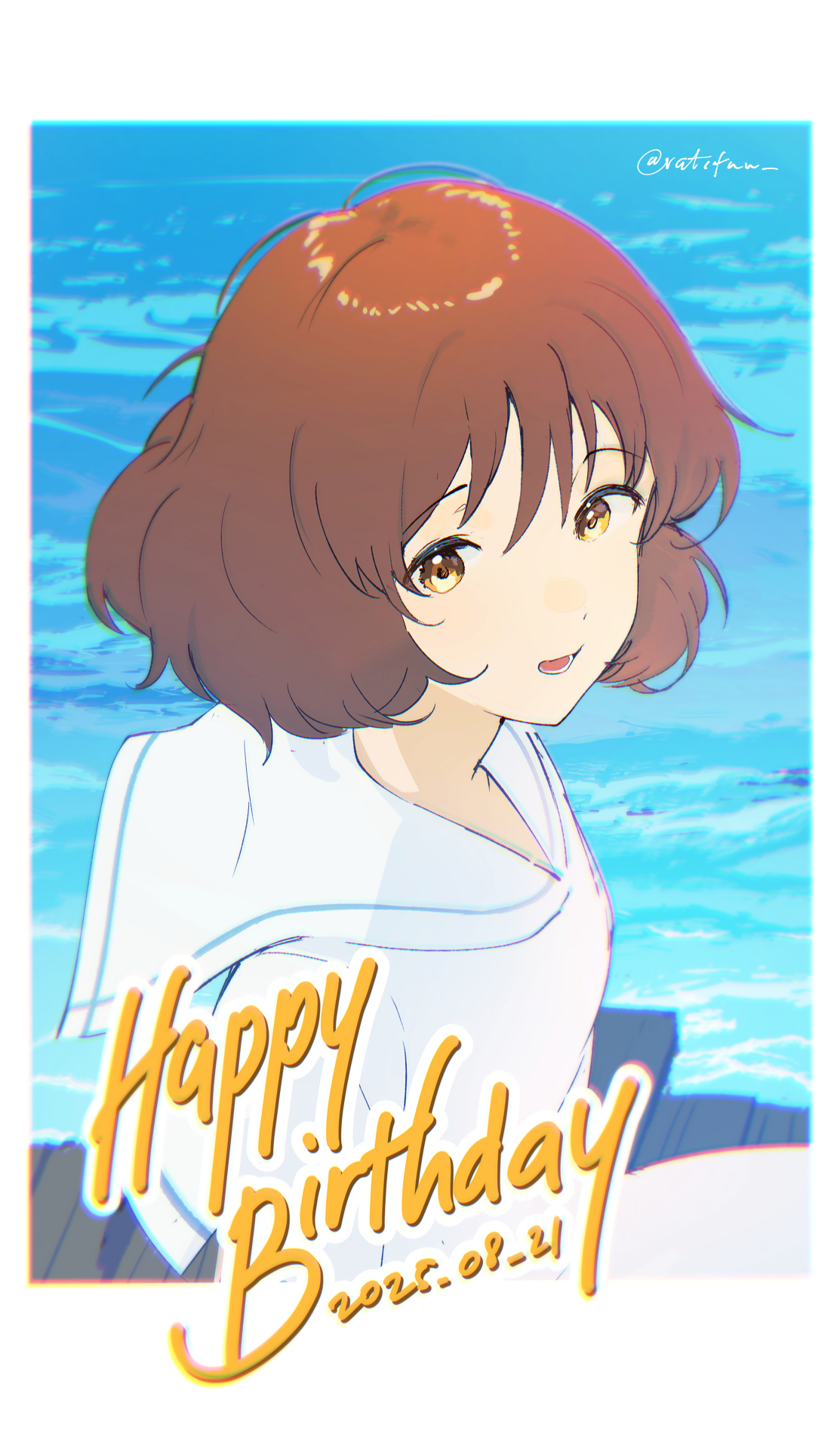 ratifuu, oumae kumiko, hibike! euphonium, highres, 1girl, brown eyes, brown hair, dock, dress, looking at viewer, ocean, open mouth, outdoors, sailor collar, sailor dress, shirt, short hair, smile, solo, upper body, water, white dress, white sailor collar