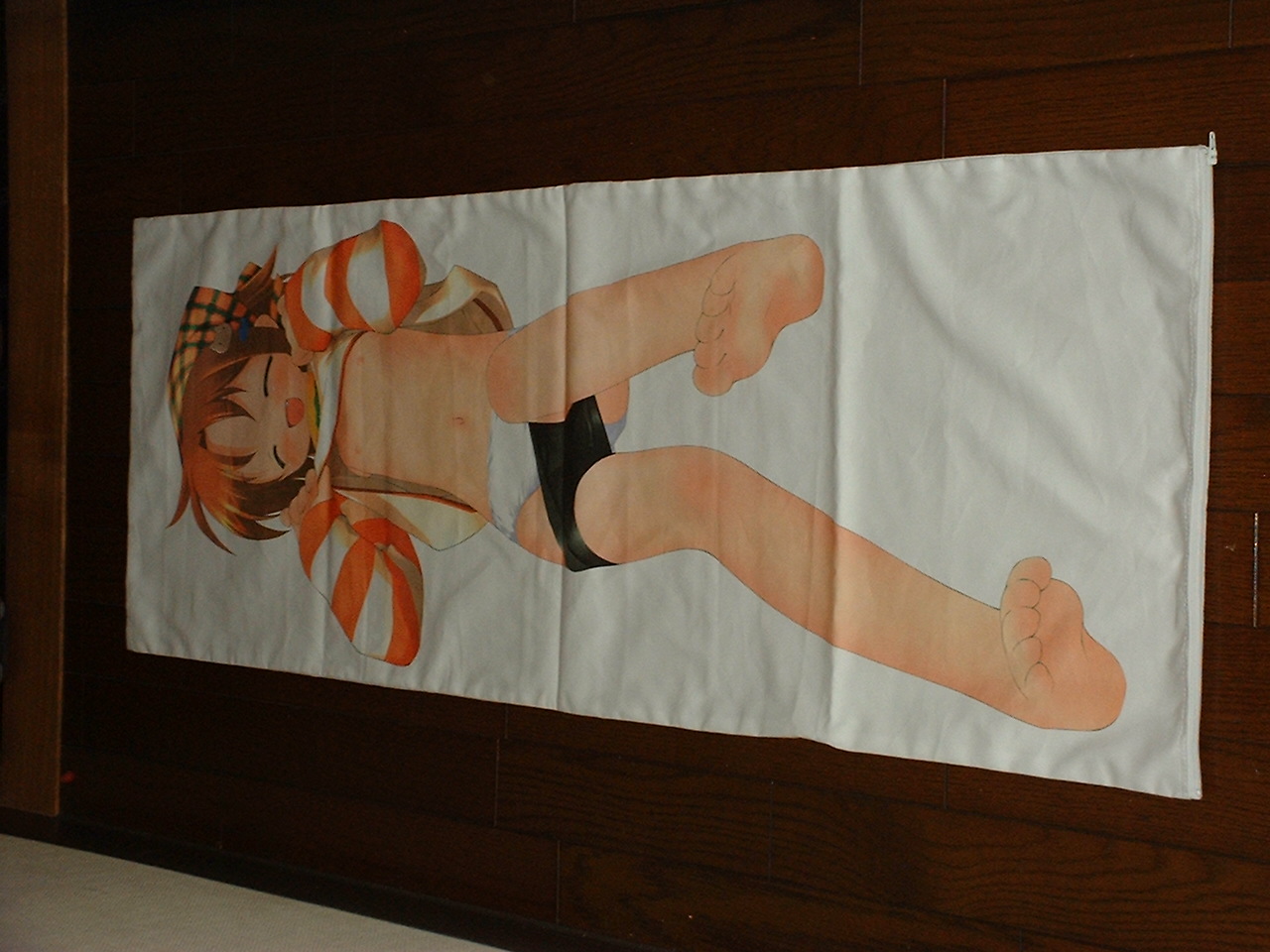 yamato suzuran, suigetsu, plaid, striped, photo (medium), 1girl, bandana, barefoot, bike shorts, blush, closed eyes, clothes lift, clothes pull, dakimakura (medium), dakimakura (object), feet, female focus, flat chest, happy, loli, navel, no bra, orange hair, panties, pillow, shirt lift, short hair, shorts, shorts pull, solo, underwear, white panties