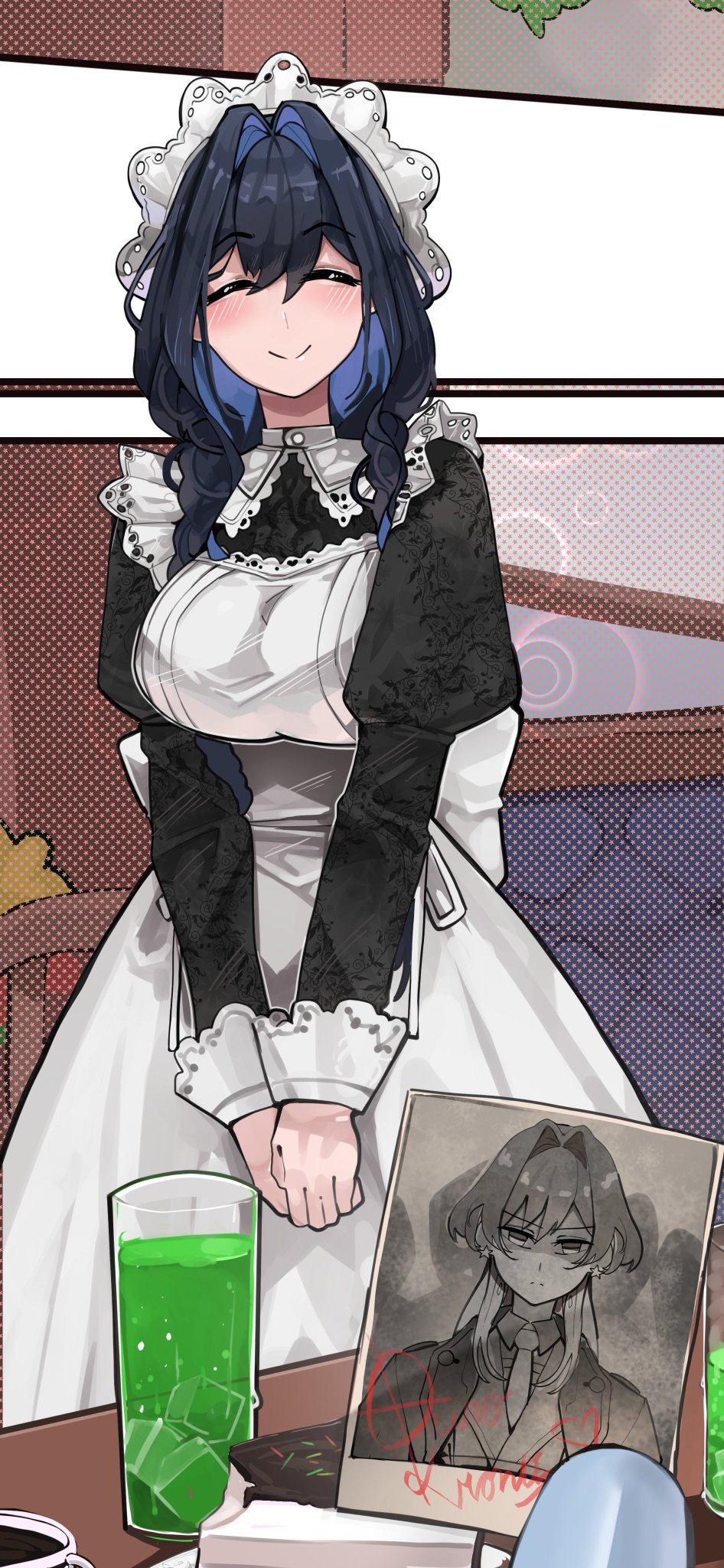 ouro kronii, ouro kronii (maid), hololive, hololive english, highres, 1girl, apron, black dress, black hair, blue hair, cake, cake slice, closed mouth, colored inner hair, cup, dress, drink, drinking glass, food, hair intakes, hat, holding, holding photo, long hair, maid, maid apron, melon soda, mob cap, multicolored hair, official alternate costume, official alternate hairstyle, photo (object), polaroid photo, rikuje, smile, virtual youtuber, white apron