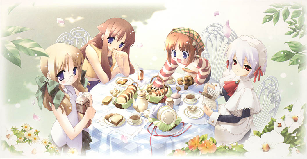 gayarou, kotonomiya yuki, miyashiro karin, shinjou izumi, yamato suzuran, suigetsu, plaid, striped, 4girls, bandana, basket, blonde hair, blue eyes, blush, book, bow, bread, brooch, brown hair, chair, child, flower, food, glasses, hair bow, jewelry, leaf, long hair, maid, midriff, multiple girls, open book, orange hair, outdoors, petals, reading, red eyes, short hair, sitting, skirt, smile, table, teapot, turtleneck, twintails, vest, white hair