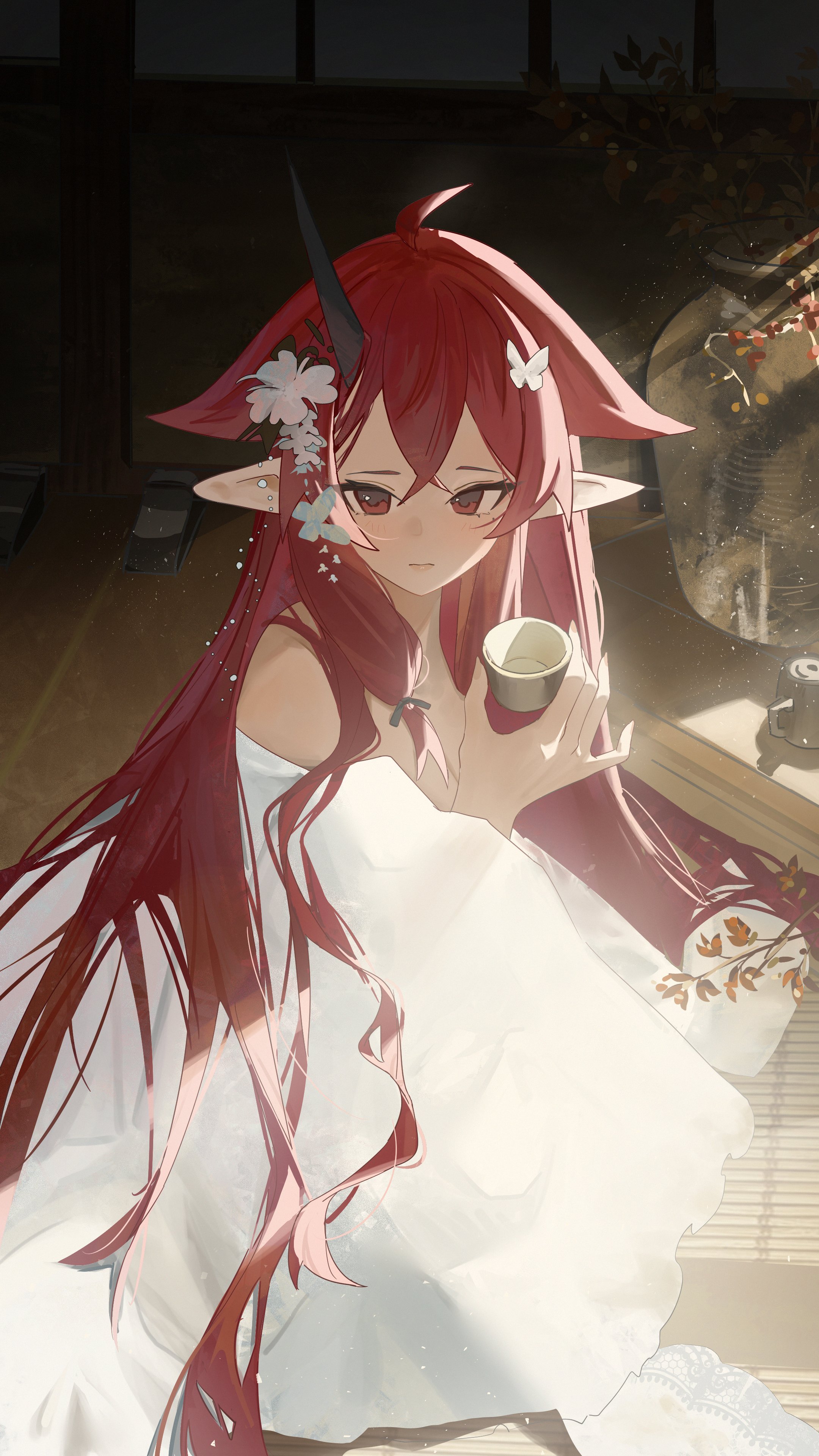takoyoomi, original, absurdres, highres, 1girl, cup, hair ornament, hair ribbon, holding, holding cup, horns, long hair, looking at viewer, nilva (takoyoomi), pointy ears, red eyes, red hair, ribbon, single horn
