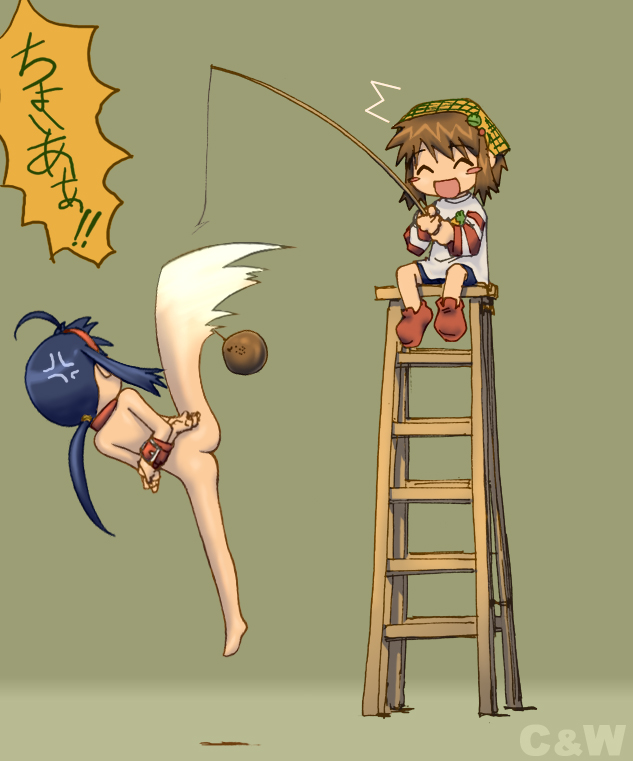 choia, waha, yamato suzuran, futaba channel, suigetsu, translated, 2girls, ^ ^, ahoge, angry, animal collar, arms behind back, blue hair, blush, blush stickers, box tie, brown hair, closed eyes, clothed female nude female, collar, fishing rod, gradient background, hairband, happy, high kick, holding, holding fishing rod, jumping, kicking, ladder, long hair, motion blur, multiple girls, nude, ponytail, short hair, sidelocks, simple background, smile, speech bubble, spread legs, surprised, sweater, what
