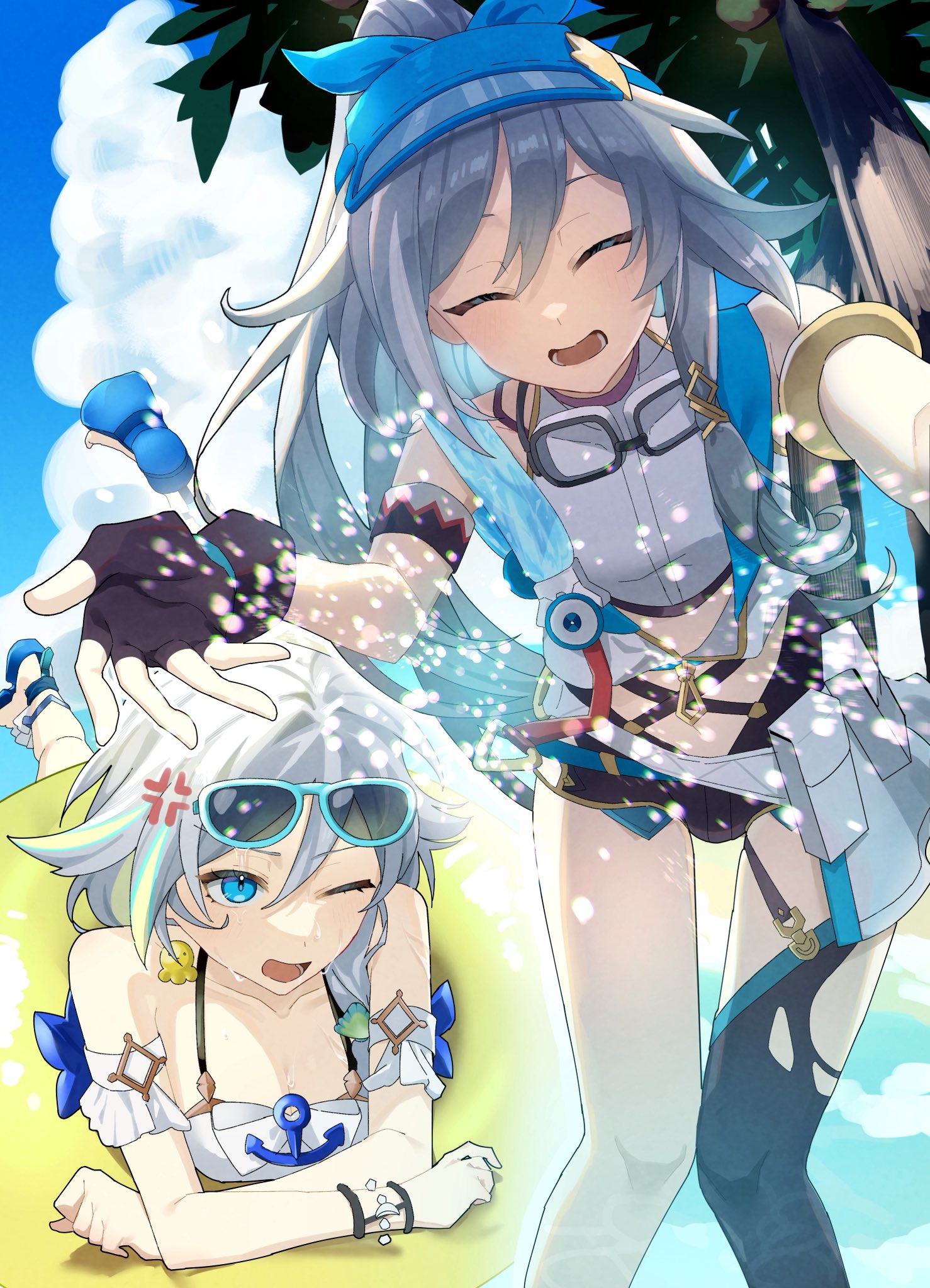 ramao24, fu hua, fu hua (seagull's soar), fu hua (shadow knight), herrscher of sentience, herrscher of sentience (ooh! summer!), honkai (series), honkai impact 3rd, commentary request, highres, 2girls, anger vein, blue-framed eyewear, blue eyes, closed eyes, goggles, goggles around neck, grey hair, long hair, multiple girls, one eye closed, open mouth, ponytail, swimsuit, tree, very long hair, visor cap, yellow innertube