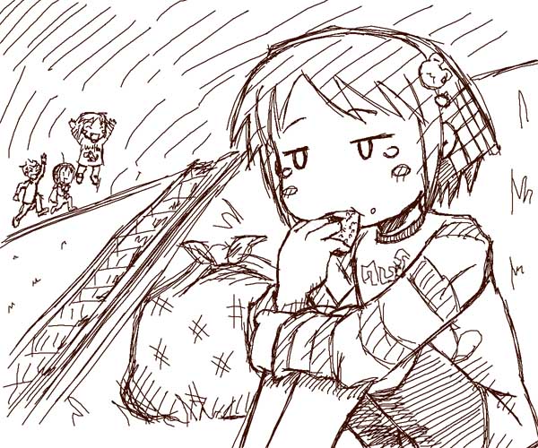 choia, musu, waha, yamato suzuran, futaba channel, suigetsu, 1boy, 3girls, long sleeves, monochrome, multiple girls, sketch