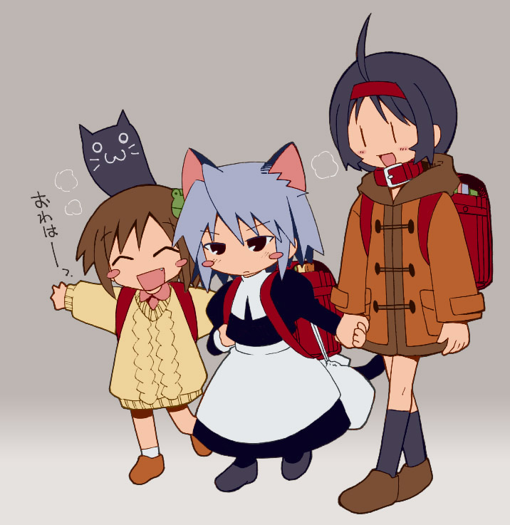 chibi yami, choia, kotonomiya yuki, waha, yamato suzuran, futaba channel, suigetsu, light purple hair, 3girls, :3, ^ ^, ahoge, animal ears, backpack, bag, black hair, blush stickers, breath, brown hair, cat, cat ears, closed eyes, coat, collar, hair ornament, holding hands, multiple girls, open mouth, randoseru, sweater, walking, | |