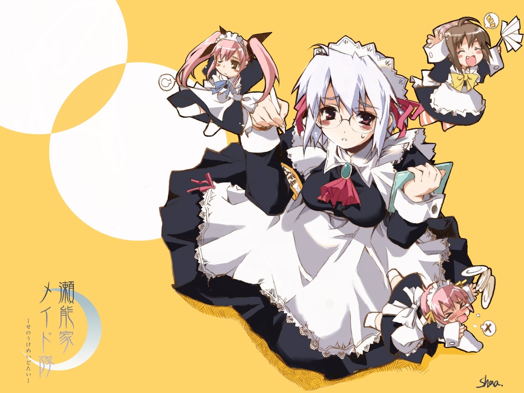 shaa, kotonomiya yuki, kousaka alice, kousaka maria, yamato suzuran, mizukabe, suigetsu, silver hair, 4girls, ^ ^, apron, black dress, blush, brown hair, closed eyes, dress, full body, glasses, hair ribbon, happy, looking at viewer, maid, maid apron, multiple girls, notepad, pencil, pink hair, plate, red eyes, ribbon, siblings, sisters, sitting, speech bubble, sweatdrop, tears, tripping, twins, twintails, wince