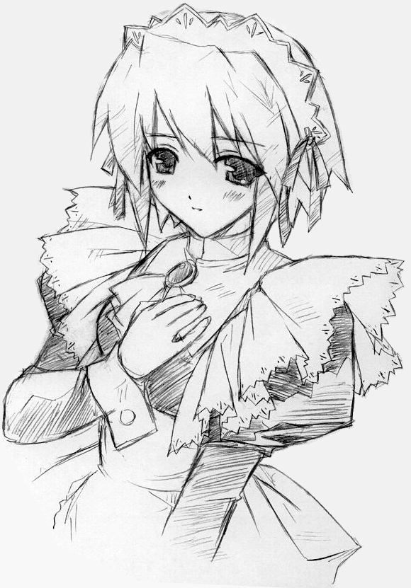 kotonomiya yuki, suigetsu, 1girl, brooch, female focus, greyscale, jewelry, maid, monochrome, short hair, sketch, solo, turtleneck, wrist cuffs