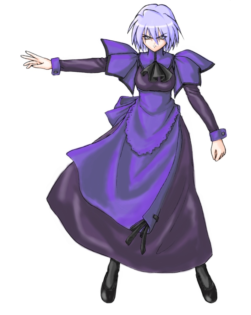 kotonomiya yuki, suigetsu, black legwear, light purple hair, >:|, 1girl, :|, apron, ascot, closed mouth, dress, female focus, looking at viewer, outstretched arm, purple dress, short hair, simple background, solo, standing, underbust, v-shaped eyebrows, white background