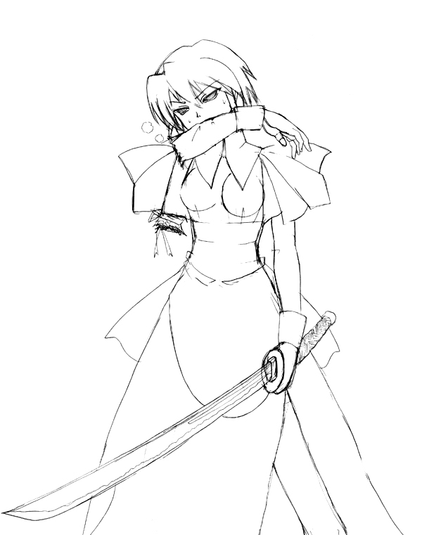 kotonomiya yuki, yami yuki, suigetsu, 1girl, amputee, arm up, dress, female focus, greyscale, holding, holding sword, holding weapon, long sleeves, monochrome, short hair, simple background, solo, standing, sword, weapon, white background