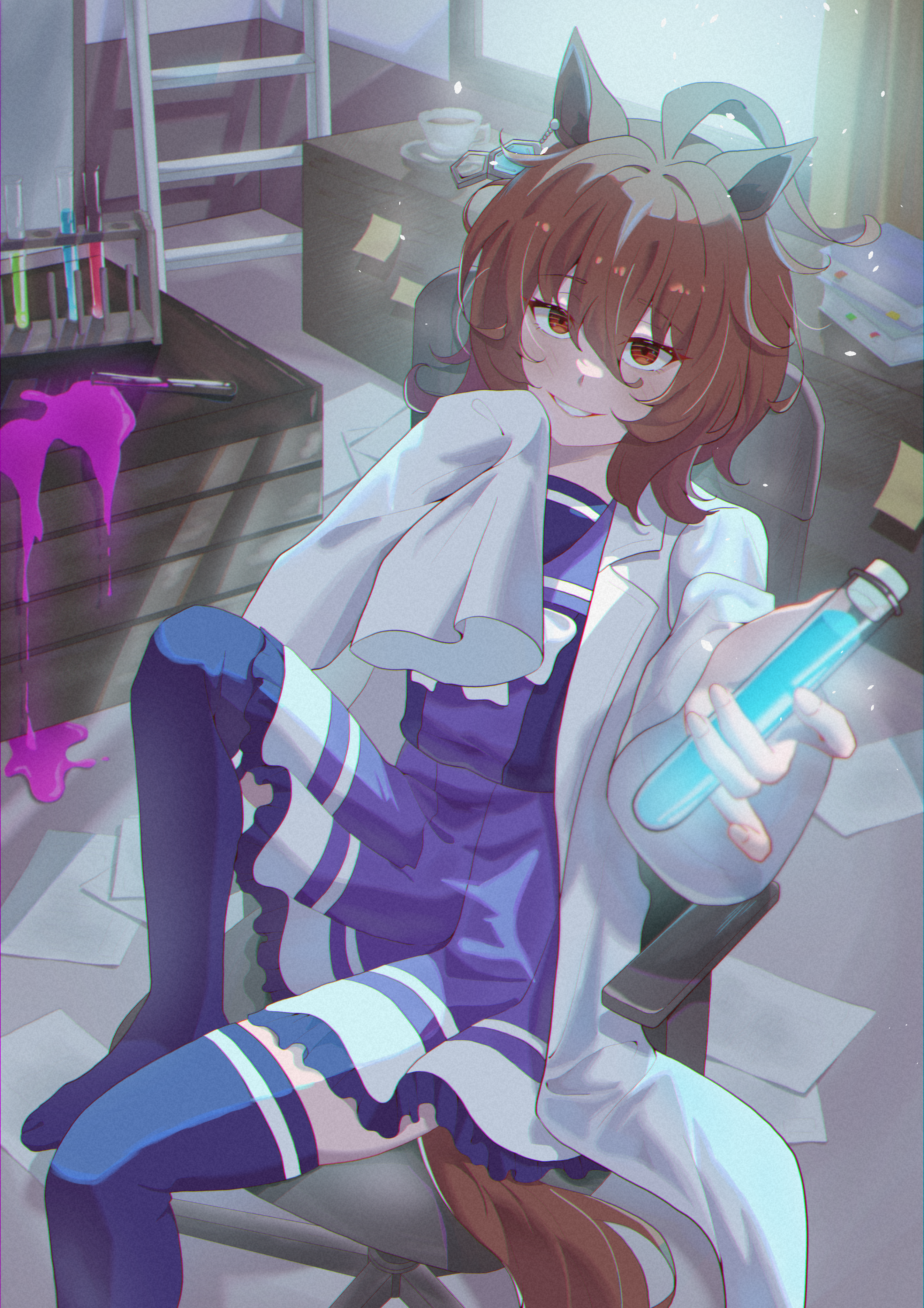 nanaken (qijian23092715), agnes tachyon (umamusume), umamusume, absurdres, highres, 1girl, ahoge, animal ears, brown eyes, brown hair, coat, dress, grin, holding, holding vial, horse ears, horse girl, horse tail, lab coat, looking at viewer, no shoes, purple dress, purple sailor collar, purple thighhighs, sailor collar, school uniform, short hair, single sleeve past fingers, sitting, smile, solo, tail, thighhighs, tracen school uniform, vial, white coat, zettai ryouiki
