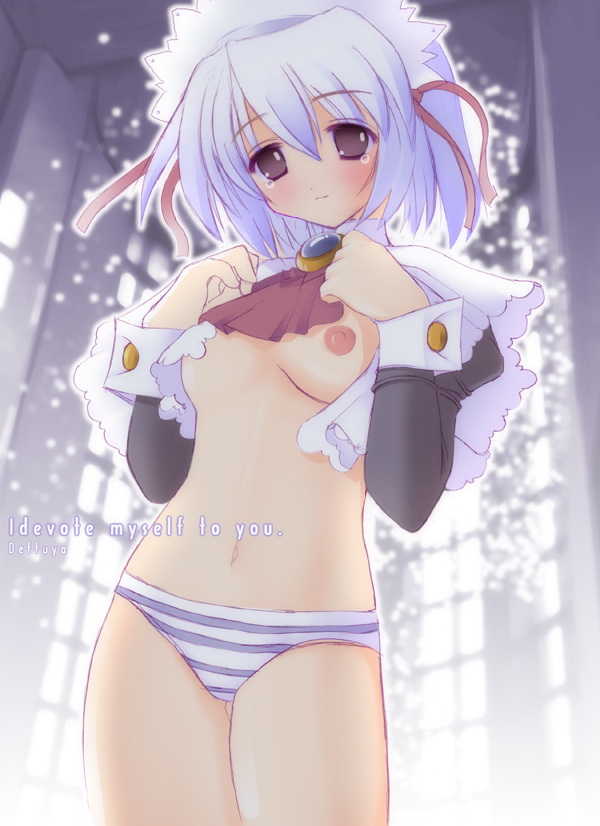 natsumiya yuzu, kotonomiya yuki, suigetsu, 1girl, blue eyes, blue hair, blue panties, blush, bottomless, breasts, brooch, clothes lift, female focus, hair ribbon, headdress, jewelry, maid, matching hair/eyes, medium breasts, navel, nipples, no pants, panties, ribbon, shirt lift, short hair, solo, standing, striped clothes, striped panties, tears, underwear