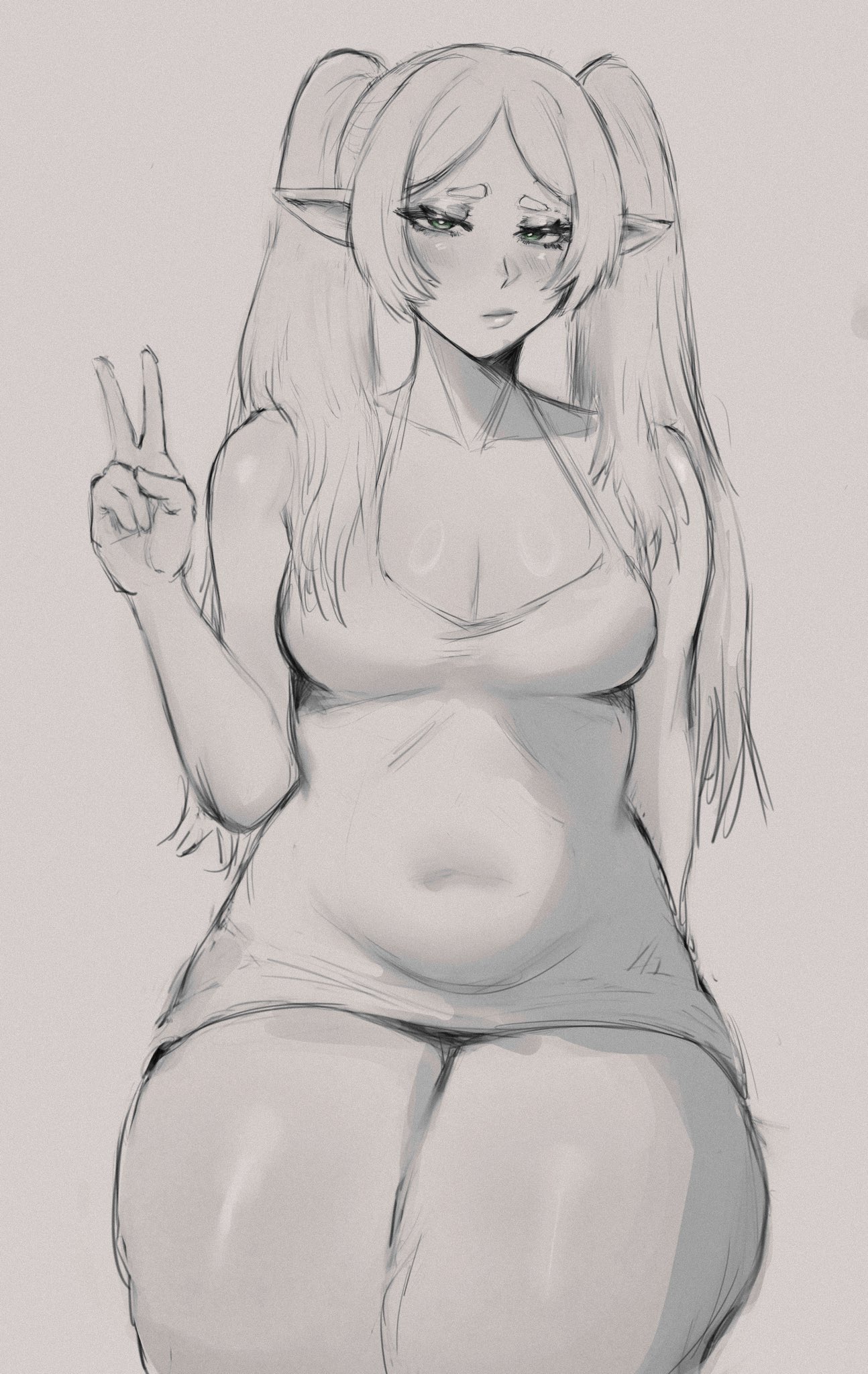 mochakumo, frieren, sousou no frieren, 1girl, bare shoulders, breasts, collarbone, elf, female focus, greyscale, lips, monochrome, peace symbol, pointy ears, shiny skin, sitting, sketch, small breasts, thick thighs, thighs, twintails
