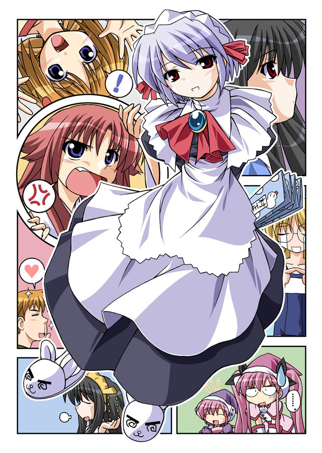 kotonomiya yuki, kousaka alice, kousaka maria, makino nanami, miyashiro karin, shinjou izumi, yamato shouichi, yamato suzuran, ojamajo doremi, suigetsu, !, 1boy, 6+girls, @ @, angry, animal slippers, black hair, blonde hair, blood, blue hair, blush, bunny slippers, everyone, fang, glasses, heart, long hair, maid, multiple girls, nosebleed, orange hair, pink hair, red eyes, short hair, siblings, sisters, slippers, smile, sweatdrop, tears, twins, twintails