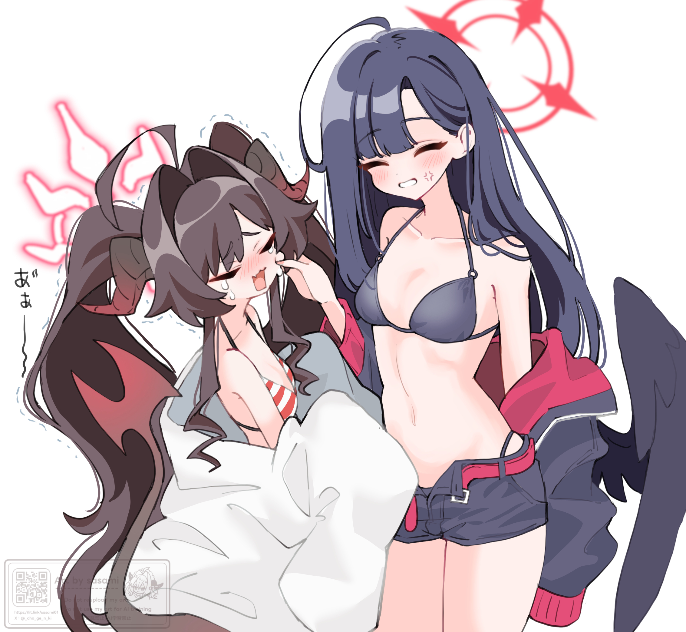 sasami (cho ge n ki), ichika (blue archive), kasumi (blue archive), kasumi (swimsuit) (blue archive), blue archive, twitter, 2girls, antenna hair, bikini, black hair, brown hair, halo, lab coat, multiple girls, simple background, swimsuit, tears, white background