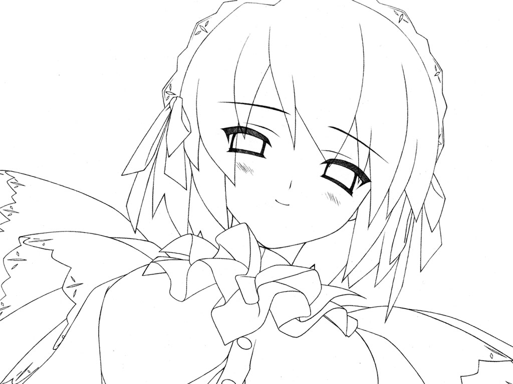kotonomiya yuki, suigetsu, 1girl, ascot, blush, female focus, greyscale, lineart, looking at viewer, monochrome, simple background, smile, solo, upper body, white background