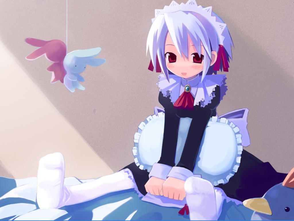 harada takehito, kotonomiya yuki, mizukabe, suigetsu, silver hair, 1girl, :d, ascot, blush, brooch, female focus, frilled pillow, frills, indoors, jewelry, juliet sleeves, long sleeves, looking at viewer, maid, maid headdress, open mouth, pantyhose, pillow, puffy sleeves, red eyes, shade, short hair, sitting, smile, solo, stuffed animal, stuffed rabbit, stuffed toy, white pantyhose