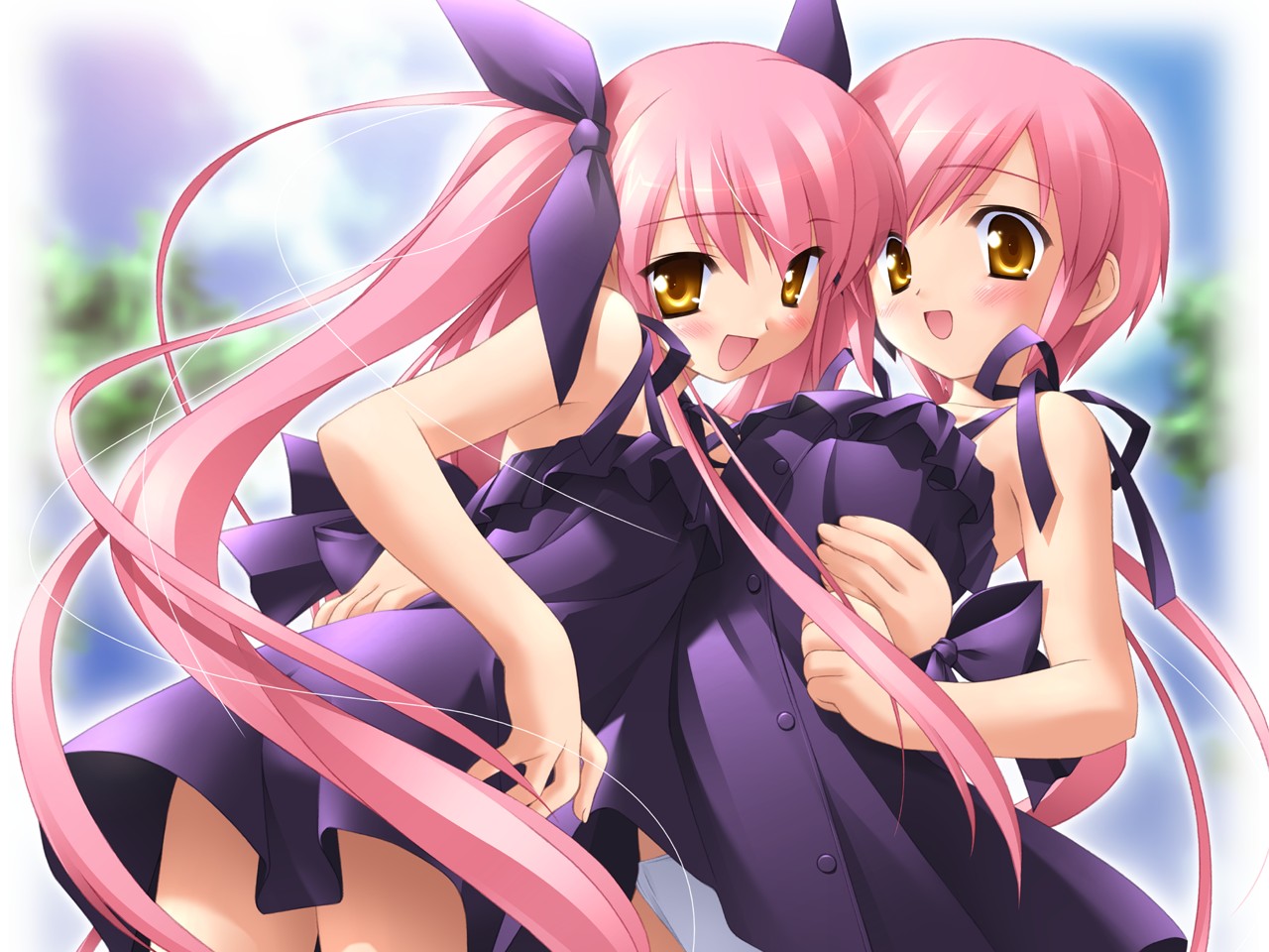gayarou, kousaka alice, kousaka maria, suigetsu, 2girls, blush, dress, hair ribbon, hug, loli, long hair, multiple girls, outdoors, panties, pantyshot, pink hair, ribbon, short hair, siblings, sisters, standing, twins, twintails, underwear, very long hair, white panties, yellow eyes