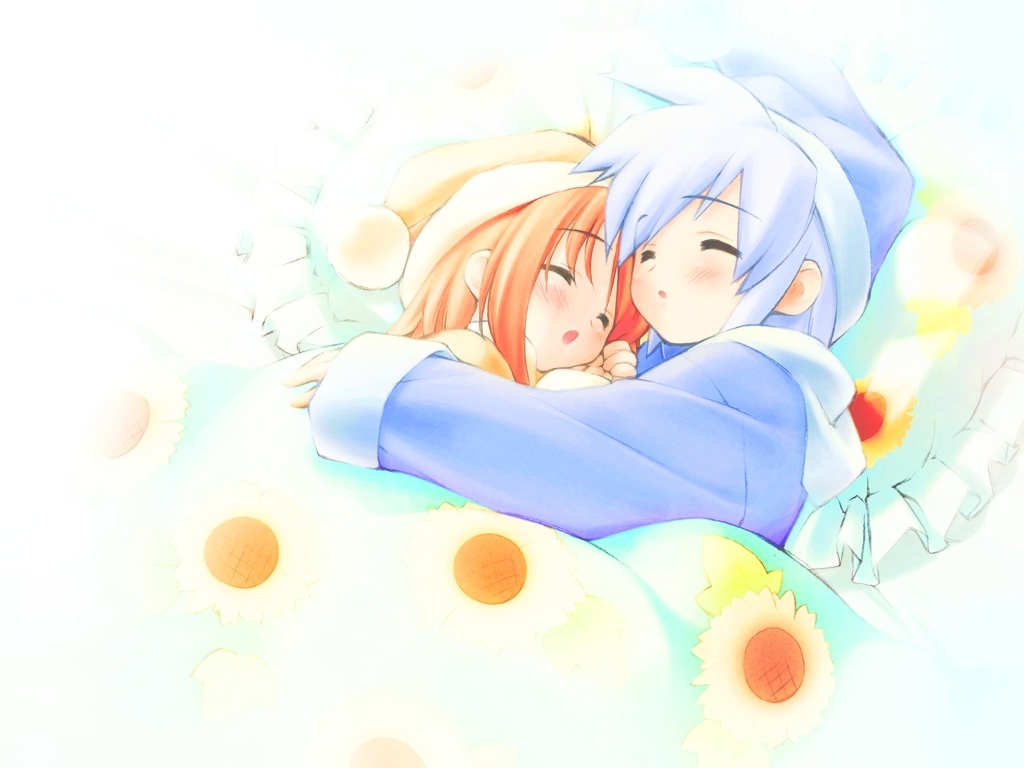 gayarou, kotonomiya yuki, yamato suzuran, mizukabe, suigetsu, 2girls, beanie, blanket, blue hair, blush, closed eyes, floral print, flower, lily of the valley, multiple girls, on bed, orange hair, pajamas, parted lips, pillow, pom pom (clothes), pom pom beanie, sleeping