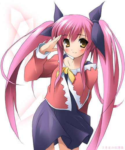 kantoku, kousaka alice, suigetsu, 1girl, female focus, long hair, pink hair, salute, solo, twintails