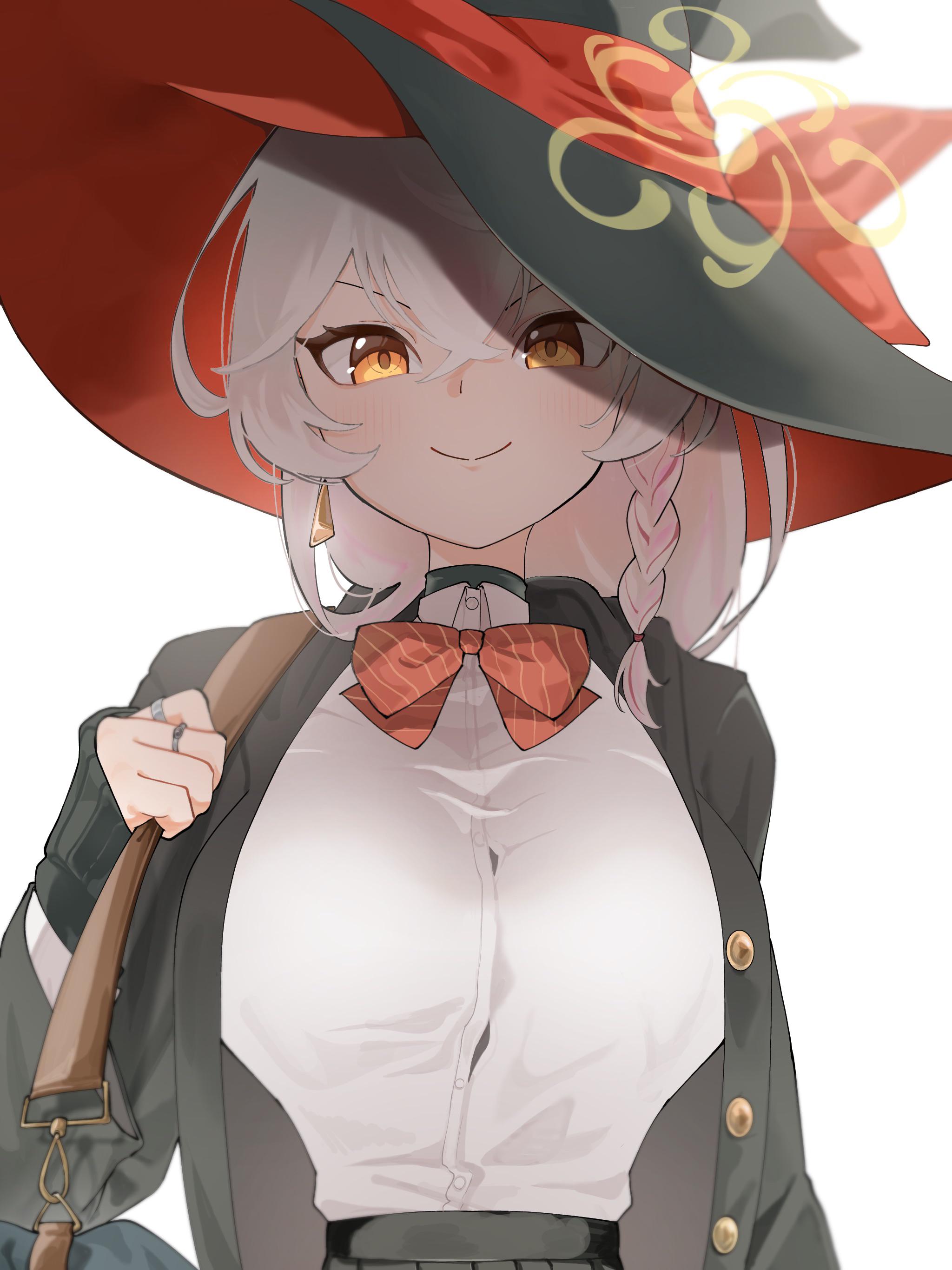 eri (blue archive), blue archive, bow, bowtie, braid, earrings, halo, hat, holding strap, jacket, jewelry, long coat, long hair, ring, shirt, skirt, sleeves past wrists, sweater, white hair, witch hat