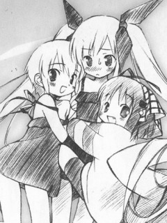 kousaka alice, kousaka maria, yamato suzuran, suigetsu, lowres, 3girls, flower, greyscale, lily of the valley, monochrome, multiple girls, qvga, siblings, sisters, twins