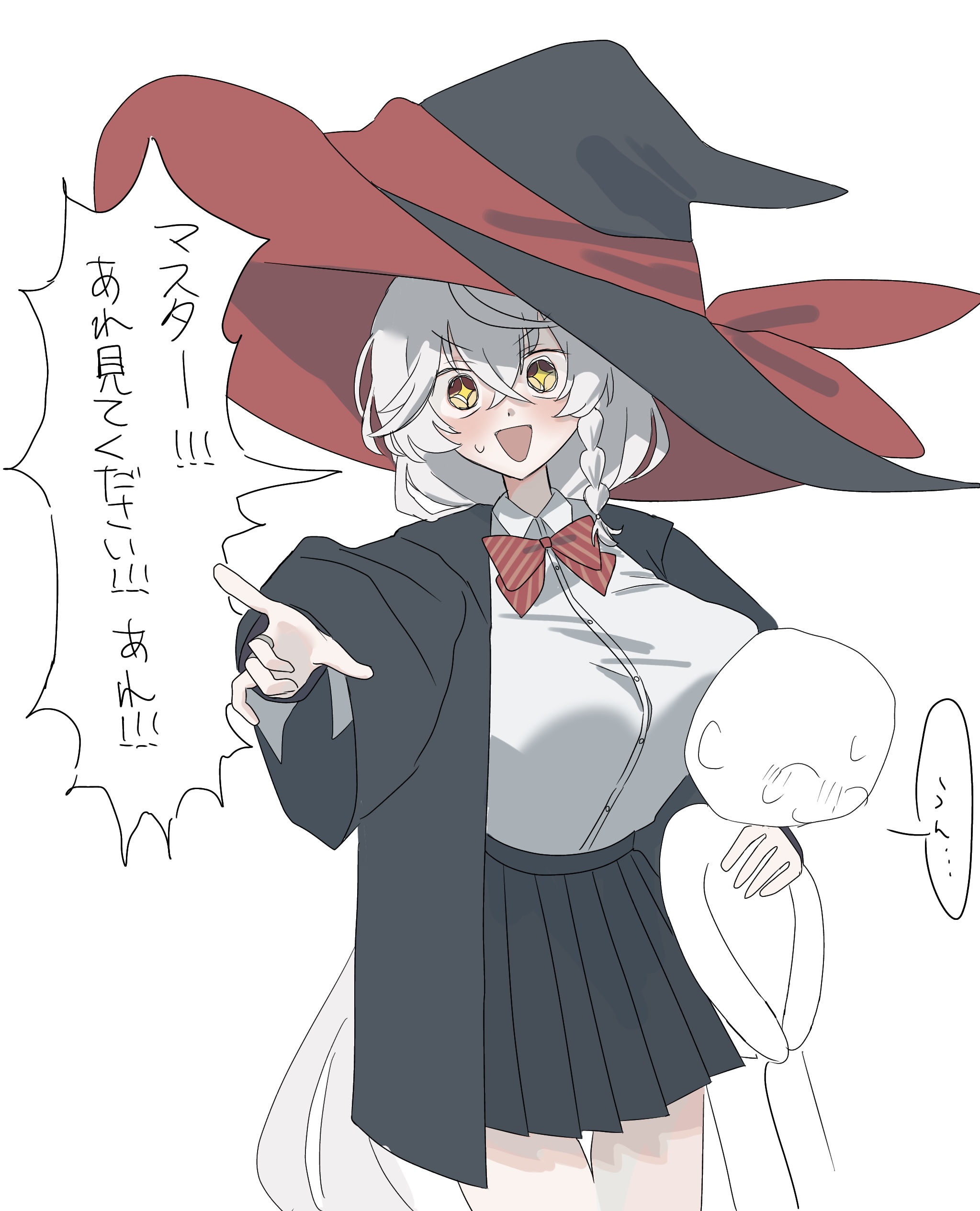 doodle sensei (blue archive), eri (blue archive), sensei (blue archive), blue archive, 1boy, 1girl, bow, bowtie, braid, halo, hat, jacket, long coat, long hair, shirt, skirt, sparkling eyes, sweater, white hair, witch hat