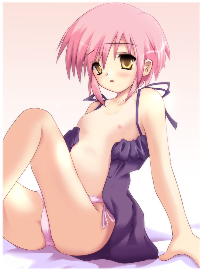 safi, kousaka maria, suigetsu, 1girl, arm support, blush, breasts, dress, female focus, flat chest, loli, nipples, one-piece tan, open clothes, open mouth, open shirt, panties, pink hair, pink panties, shirt, short hair, side-tie panties, sitting, small breasts, solo, tan, tanline, underwear, yellow eyes