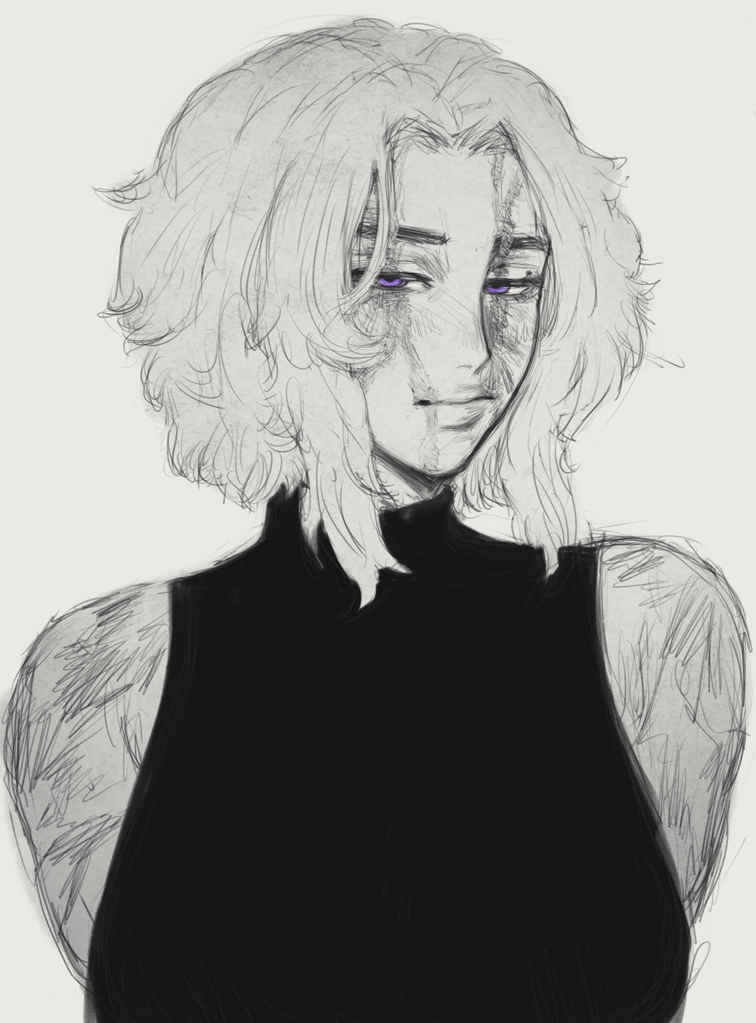 mochakumo, lady nagant, boku no hero academia, 1girl, arms behind back, bare shoulders, female focus, lips, medium hair, monochrome, purple eyes, scar, scars all over, simple background, sketch, too many, upper body