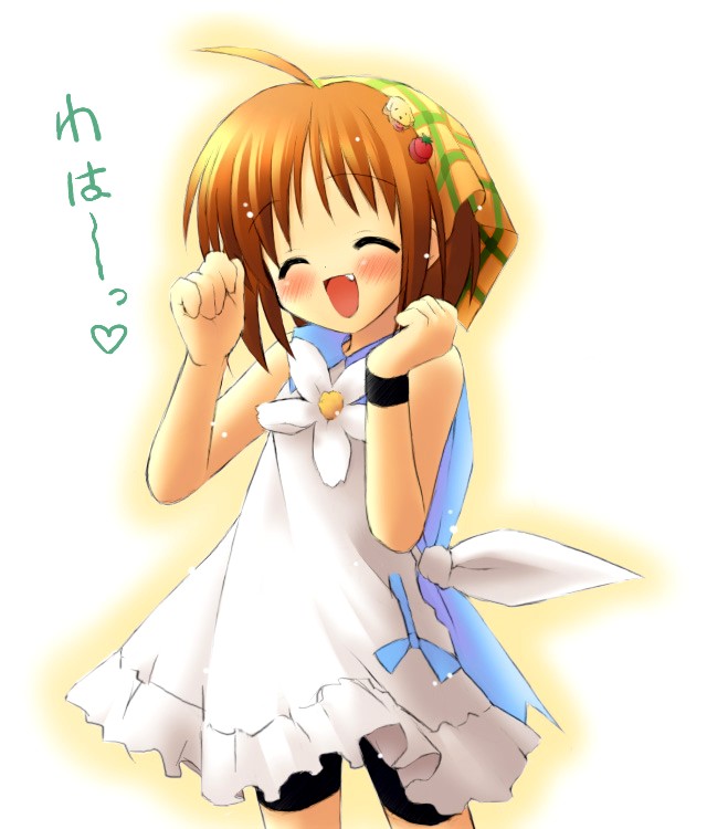 yamato suzuran, suigetsu, plaid, 1girl, ^ ^, ahoge, bandana, bike shorts, blush, child, closed eyes, dress, fang, female focus, flower, hair ornament, hairclip, happy, lily of the valley, orange hair, short hair, shorts, shorts under dress, shorts under skirt, solo, wristband