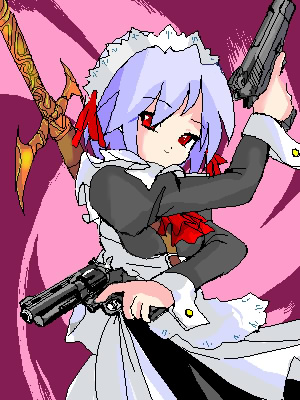 t2, kotonomiya yuki, suigetsu, lowres, 1girl, crossed arms, dual wielding, female focus, gun, handgun, hands on own hips, holding, maid, pistol, revolver, semi-automatic pistol, solo, weapon