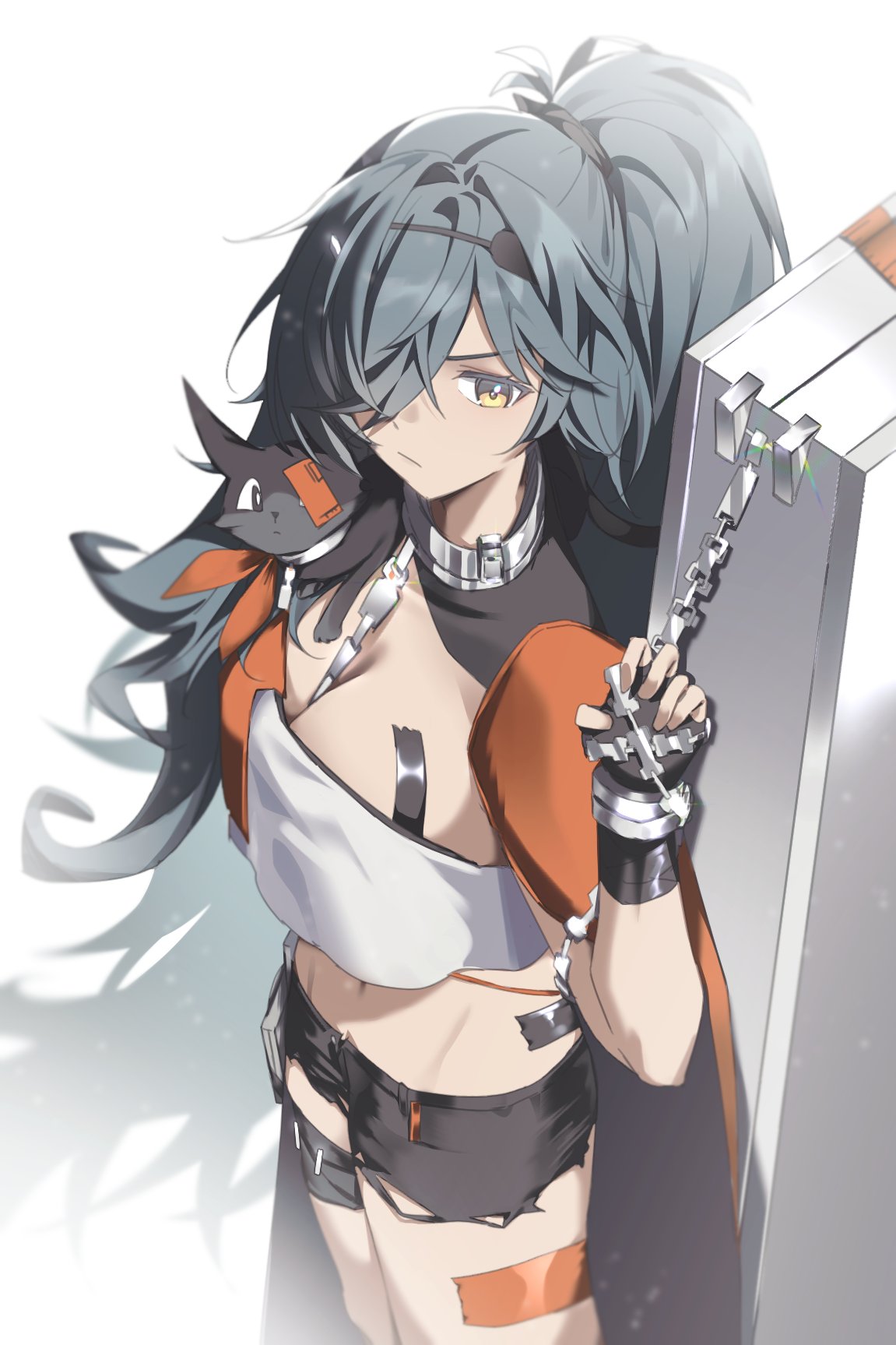 xinyue tongxing, highres, 1girl, :/, animal, animal on shoulder, black cat, black gloves, black shorts, breasts, cat, cat on shoulder, cihui (xinyue tongxing), cleavage, cowboy shot, cropped shirt, fingerless gloves, gloves, grey hair, hair over one eye, holding, large breasts, lemonisblue, long hair, midriff, navel, one eye covered, orange shirt, shirt, short shorts, shorts, solo, two-tone shirt, v-shaped eyebrows, very long hair, white background, white shirt, yellow eyes